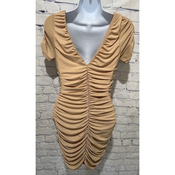 Better Be Tan Nude rouched Stretch V Neck Mini short sleeve dress Size Small - Picture 4 of 7